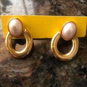 Napier Signed Gold Tone Faux Pearl Pierced Earrings